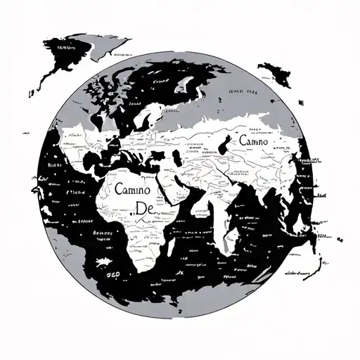 world map with aspects of Camino De Santiago de Compostela tattoo design idea