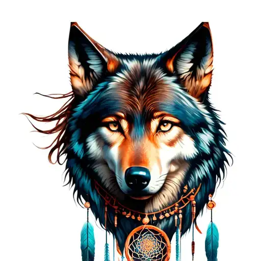  copper colored woman with wolf dreamcatcher tattoo design idea