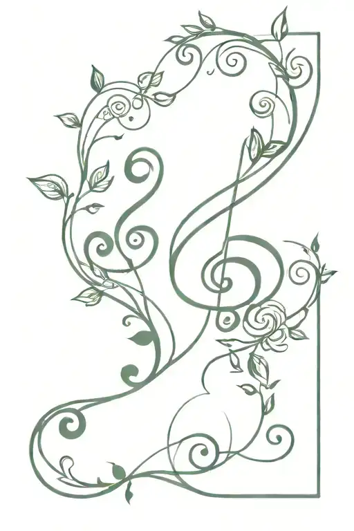 Bass and treble clefs combined together, made out of a plant vine. tattoo design idea