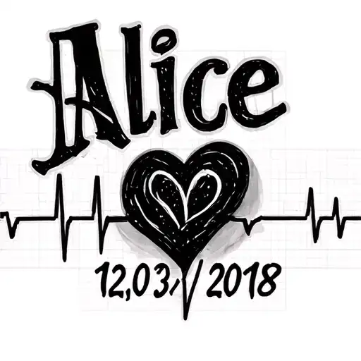 "Alice 12/03/2018" Electrocardiogram Date of birth tattoo design idea