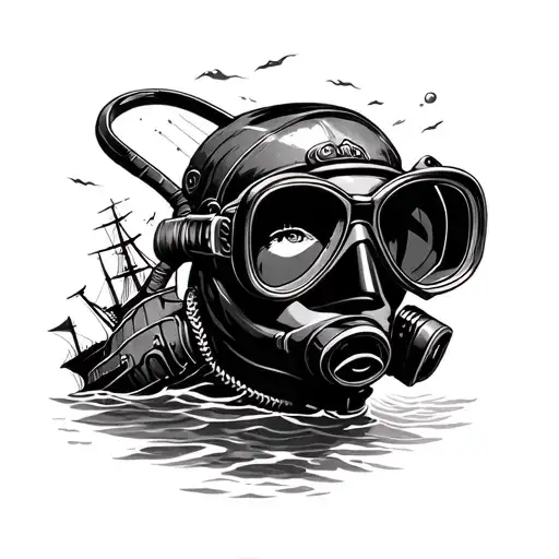 looking through a scuba mask underwater at a shipwreck tattoo design idea