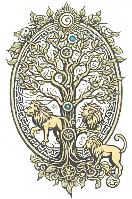 tree of life with a sun and a lion and a horseshoe with a trebol inside tattoo design idea