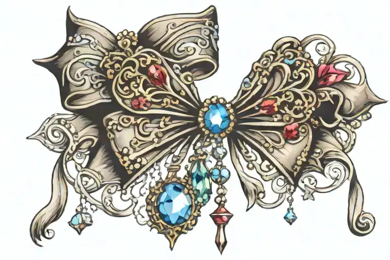 victorian bow with jewels hanging pendant tattoo design idea
