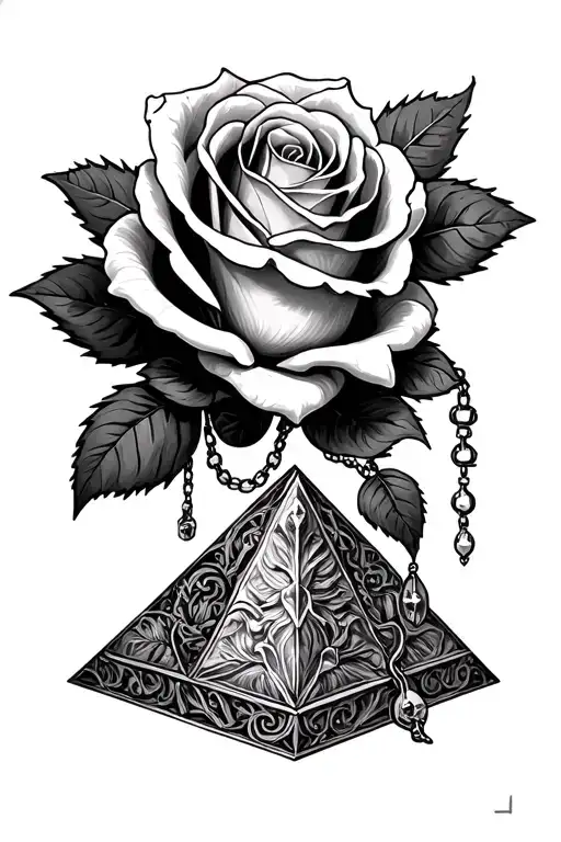 rose and rosary necklace shaped like a pyramid tattoo design idea