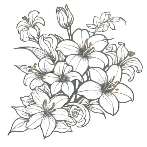 bouquet of flowers with lilies , irises, roses , morning glories, daisies   tattoo design idea