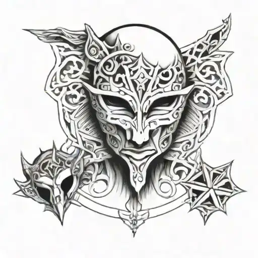 I would like it to be a link with karma but that it is a drawing not a writing perhaps with the mask ja tattoo design idea