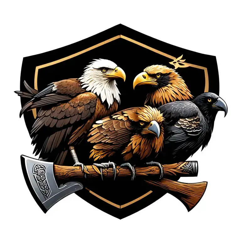 three birds sitting on horizontal viking axe. Birds are golden eagle, bald eagle, raven. Nordic style tattoo design idea