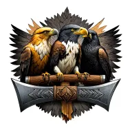 three birds sitting on horizontal viking axe. Birds are golden eagle, bald eagle, raven. Nordic style tattoo design idea