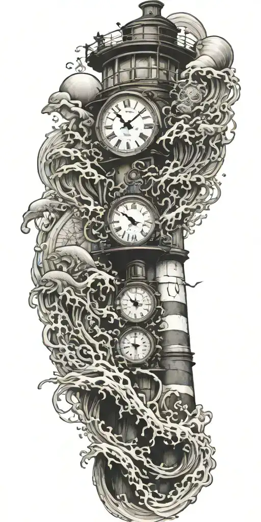 lighthouse waves crashing clock and jelly fish tattoo design idea