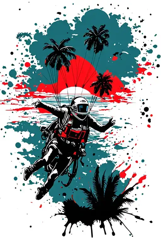 Skydiver in between clouds with parashute, seaside, palms, sunset tattoo design idea