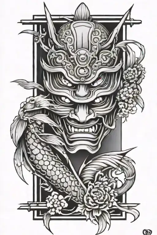 samurai mask, crane, koi, bamboo tattoo design idea