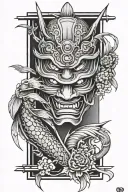 samurai mask, crane, koi, bamboo tattoo design idea