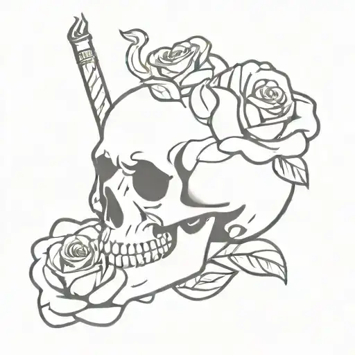 skull smoking cigarette with roses growing tattoo design idea