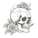 skull smoking cigarette with roses growing tattoo design idea
