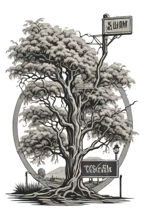 willow tree, street sign intertwined tattoo design idea