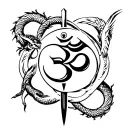 om symbol, sword piercing,  Surround this with snakes, scythes, dragons, positive mythical angels,positive protection  tattoo design idea