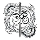om symbol, sword piercing,  Surround this with snakes, scythes, dragons, positive mythical angels,positive protection  tattoo design idea