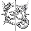 om symbol, sword piercing,  Surround this with snakes, scythes, dragons, positive mythical angels,positive protection  tattoo design idea