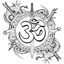 om symbol, sword piercing,  Surround this with snakes, scythes, dragons, positive mythical angels,positive protection  tattoo design idea