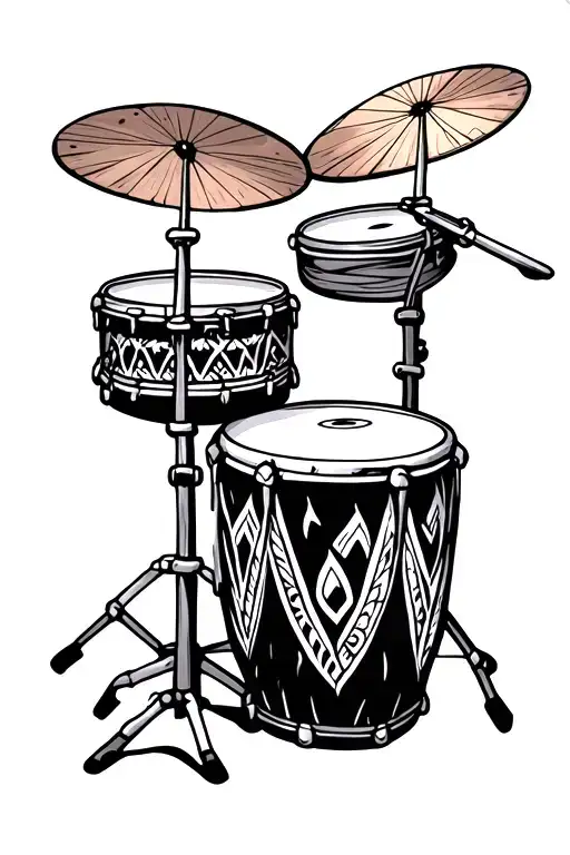 aztec drum set intertwined with tribal patterns tattoo design idea