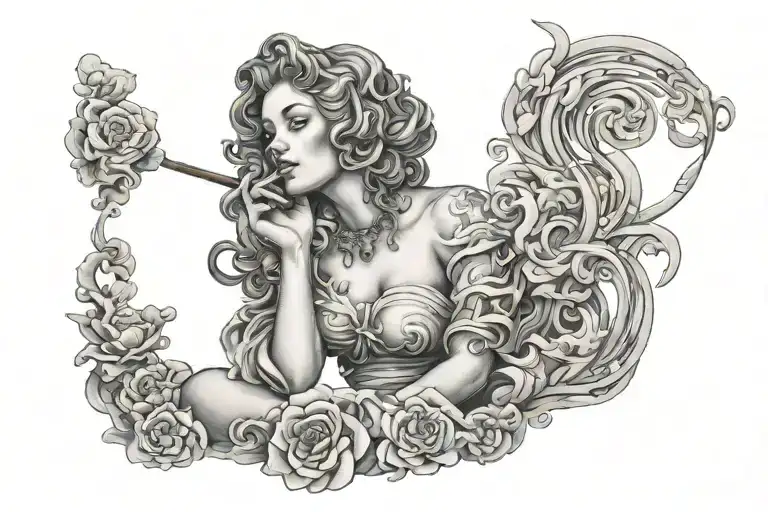 statue woman smoking, the cosmos in the smoke tattoo design idea