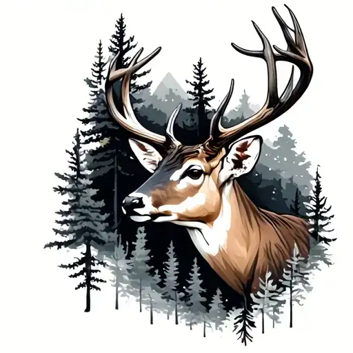 white tail deer head with trees tattoo design idea