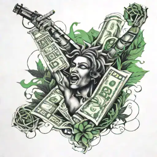 Arm sleeve Jamaica weed money such figure music notes stars smoke. Less green shading tattoo design idea