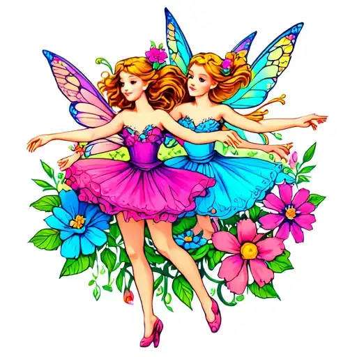 A colorful tattoo of fairies and pixies dancing among blooming flowers tattoo design idea