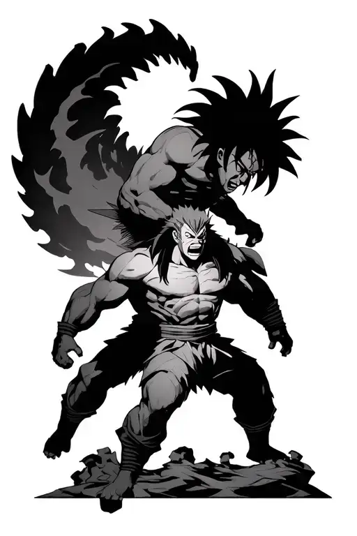 Madara Uchiha on top of broly on top of Adam smasher tattoo design idea