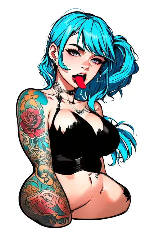 hentail, nude, bdsm, stick out the tongue, nymphomaniac face, young, sexy front position, small boobs, blue hair tattoo design idea