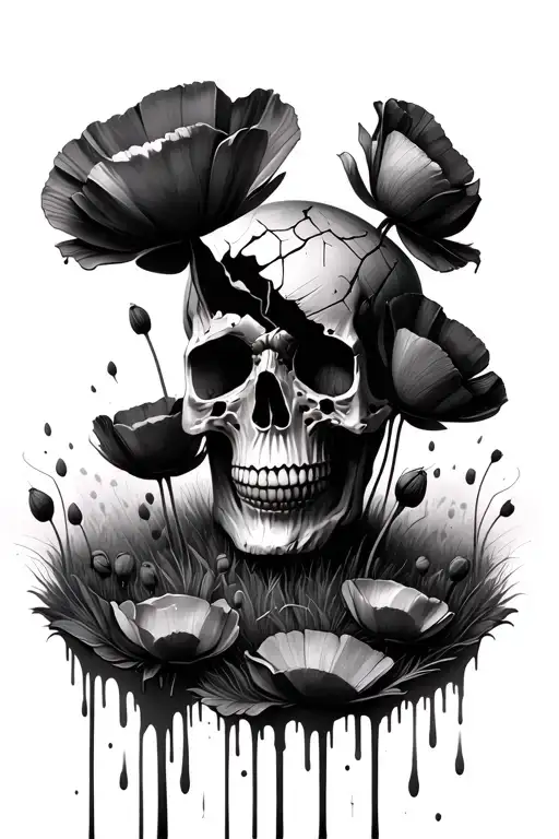 poppie flower field cracked skull with poppies coming out dark and smokey blood dripping, spider web and blood tattoo design idea