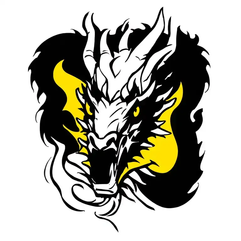 "dragon" bold fierce dragon head tattoo wrapped around arm sleeve surounded by black ink tattoo design idea