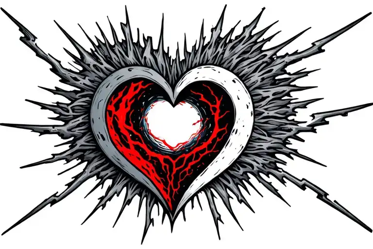 cybercigilism heart shape with stringy lightning on the outside and a clear center with red and black veins inside it. tattoo design idea