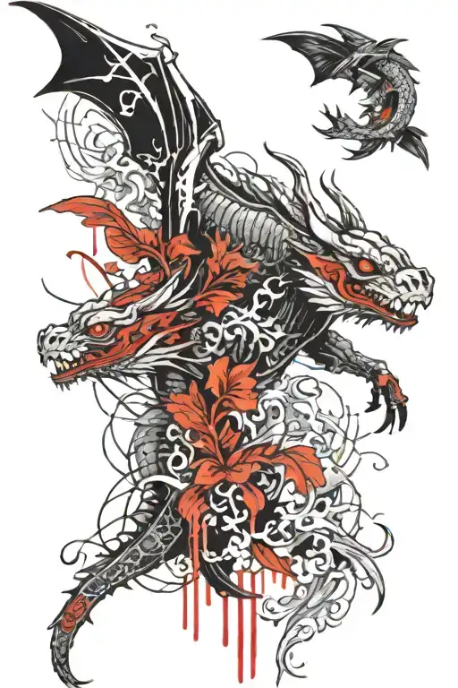 dragons skeleton and koi fish swimming tattoo design idea
