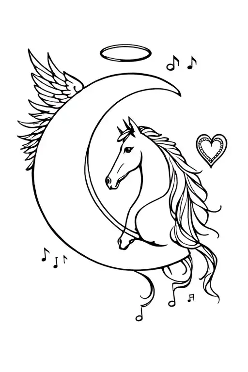 fine line  moon, horse, music notes, and heart with angel wings and halo tattoo design idea