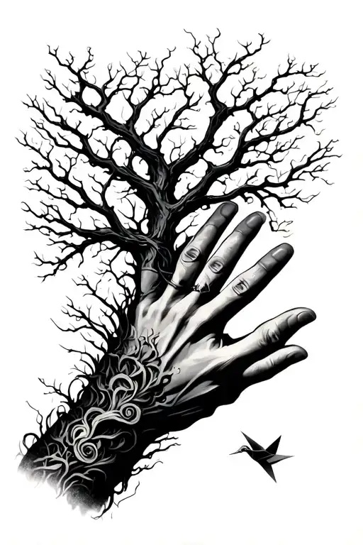 A raised arm made of crazy trees branches, the hand opens to let fly an origami bird tattoo design idea
