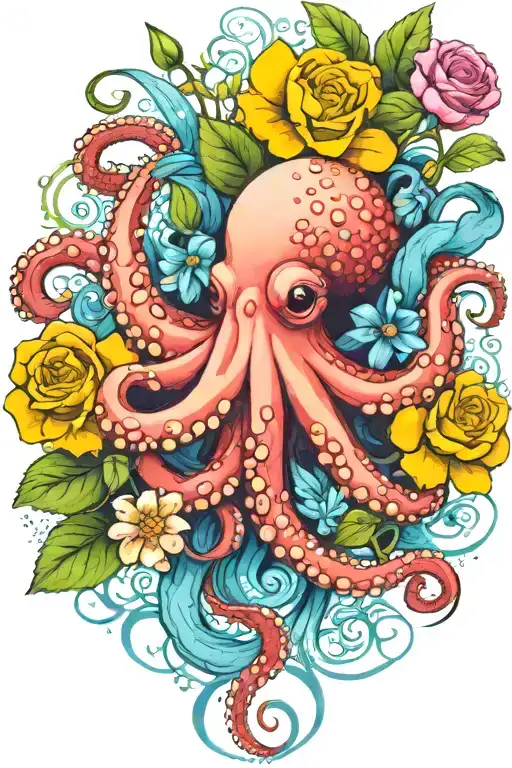 octopus, snowdrop, rose,  marigold flower tattoo design idea