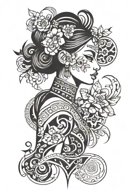 linear figure of a girl decorated with small symmetrically arranged flowers tattoo design idea