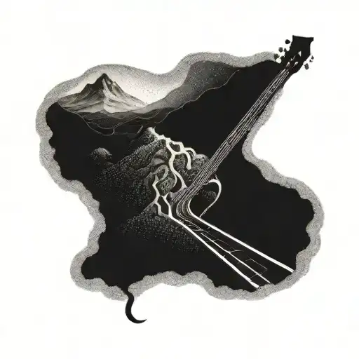 A guitar neck morphing into a winding mountain road tattoo design idea