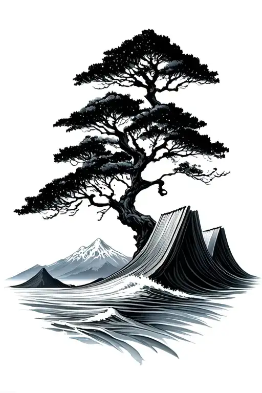 wanaka tree, book, mountain peak ocean wave crashing tattoo design idea