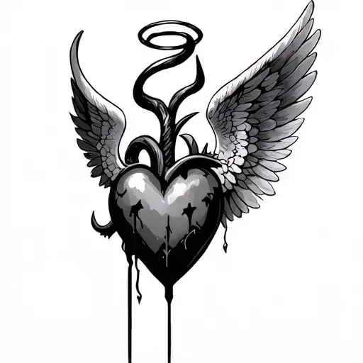 black heart with one angel wing one devil wing a halo with devil horns. tattoo design idea
