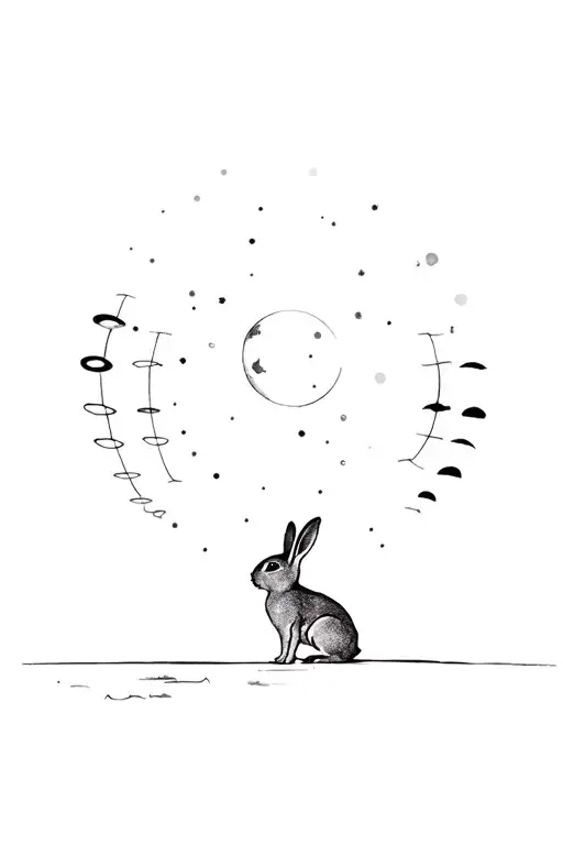 rabbit standing while their nose touches the moon phases tattoo design idea