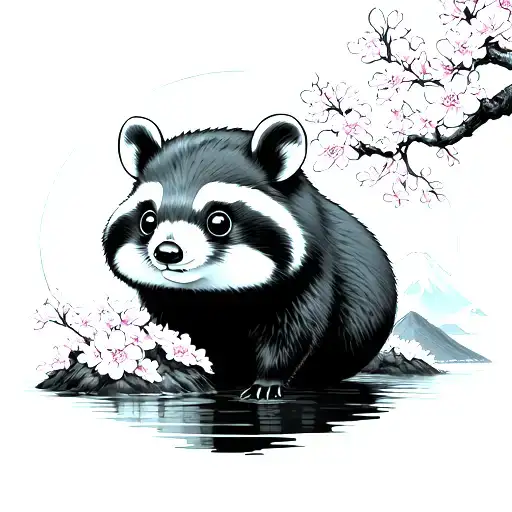 Japan Mont Fuji Sakura Flowers Tanuki tattoo design idea