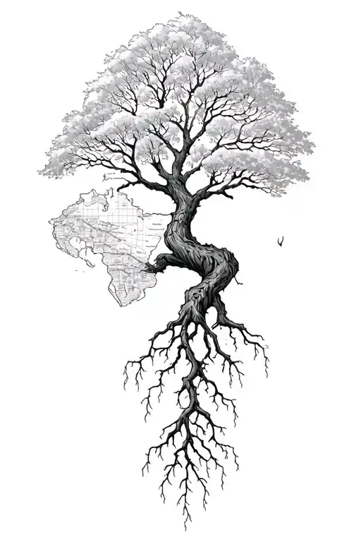 A willow tree with roots shaped like a map, showcasing the pastor's love for nature and travel tattoo design idea