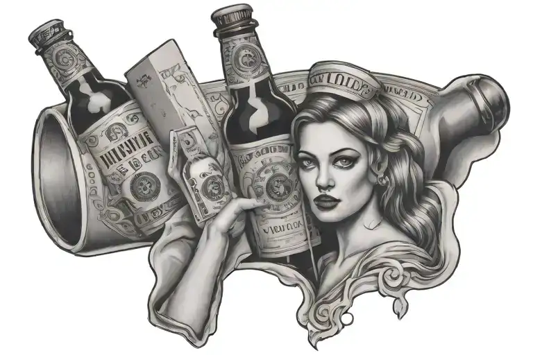 women, money and alcohol bottle tattoo design idea