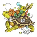 Turtle kicks Rabbit blowing bubbles with flowers tattoo design idea