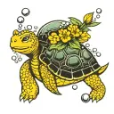 Turtle kicks Rabbit blowing bubbles with flowers tattoo design idea