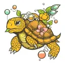 Turtle kicks Rabbit blowing bubbles with flowers tattoo design idea