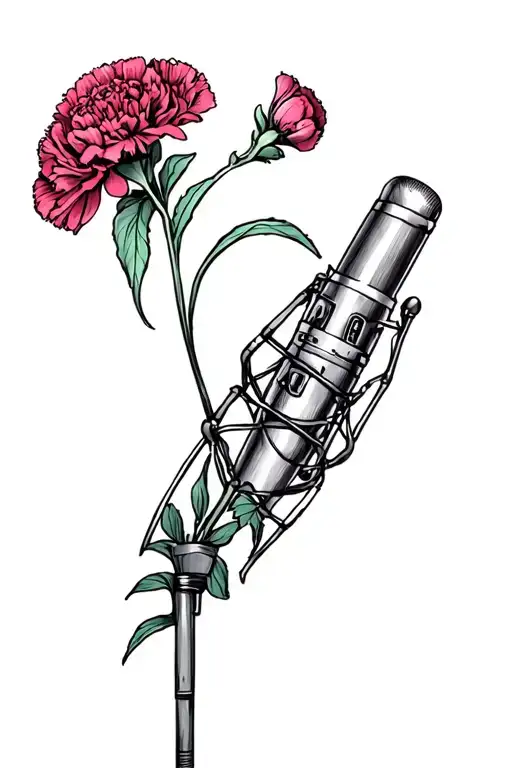 carnation flower growing around a microphone stand tattoo design idea