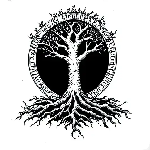 tree of Gondor mixed with Elden ring erdtree and elvish writing around border tattoo design idea